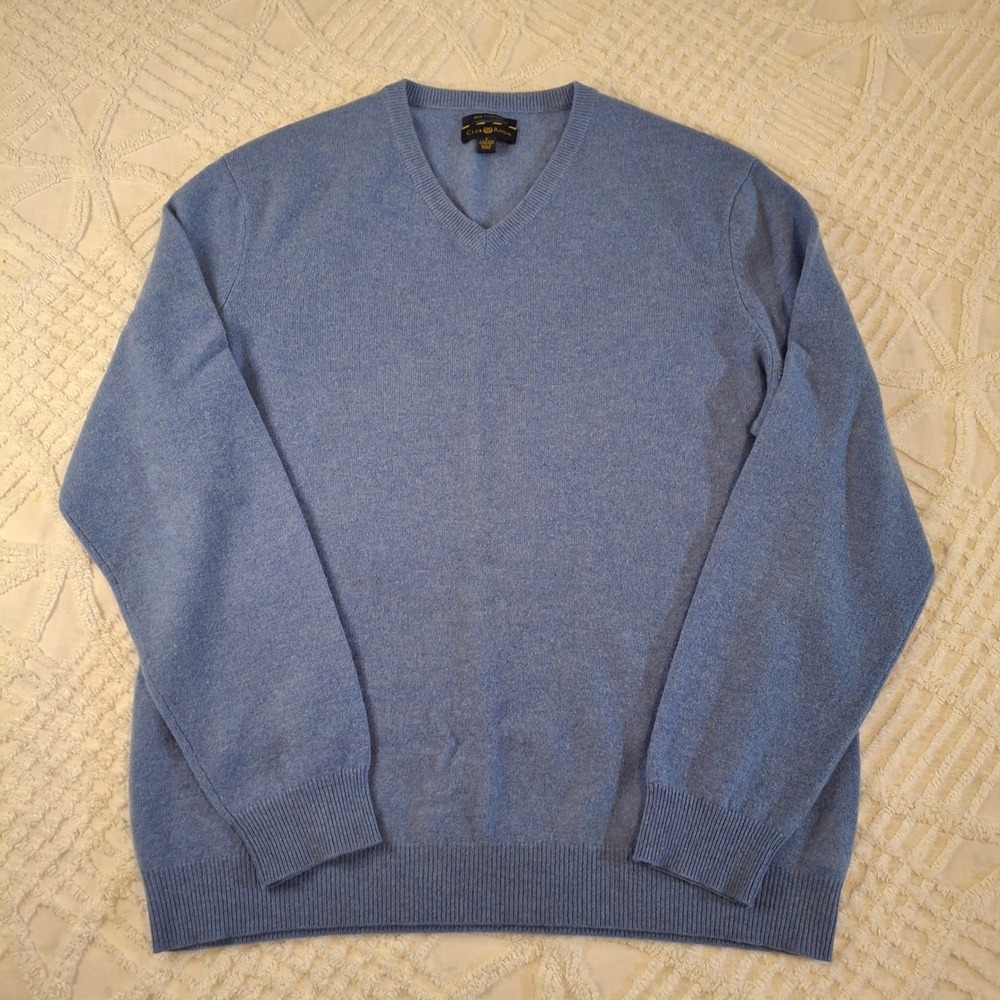 Club Room Mens Large Sweater Light Blue V-Neck 100% Cashmere 2-Ply Knit